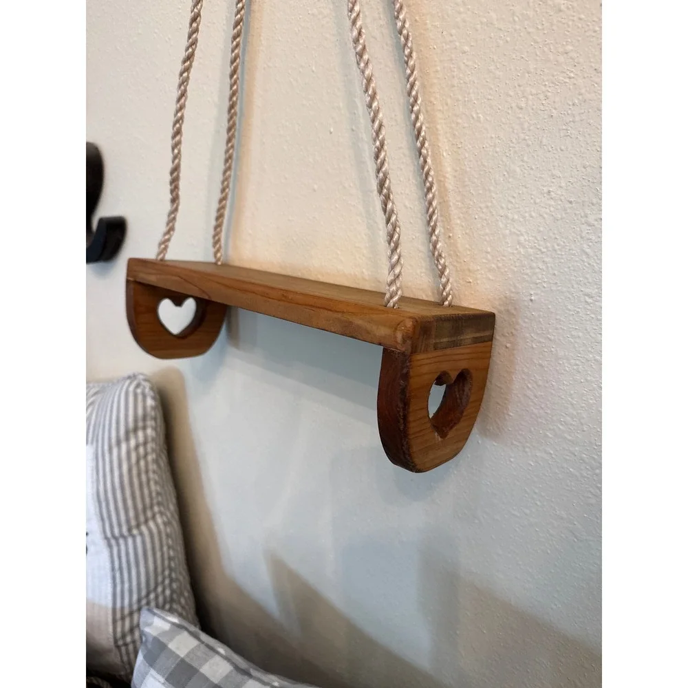 Rustic Wooden Hanging Swing Shelf Set‎ Heart Cutout Farmhouse Wall Decor 3pc